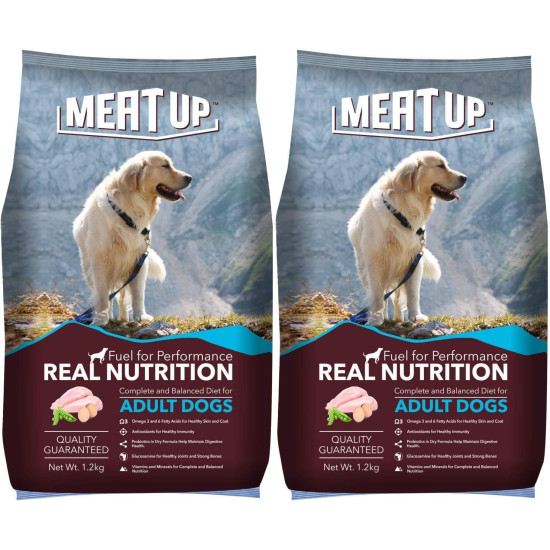 Meat Up Adult Dry Dog Food 2.4kg (1.2kg + 1.2kg) | Chicken Flavour | Healthy Skin & Coat | Antioxidants | Enriched with Vitamins & Minerals