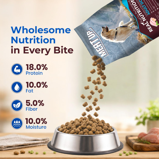 Meat Up Adult Dry Dog Food 2.4kg (1.2kg + 1.2kg) | Chicken Flavour | Healthy Skin & Coat | Antioxidants | Enriched with Vitamins & Minerals