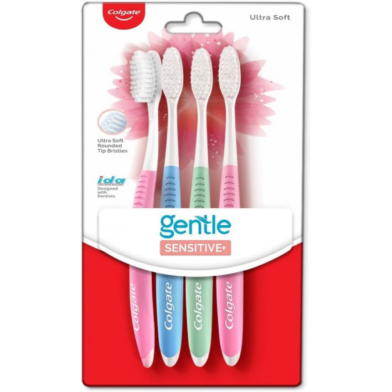 Colgate gentle Sensitive Soft Bristles Manual Toothbrush for adults - 4 Pcs, Multicolor (With Free Colgate Total Toothpaste, 20 g)