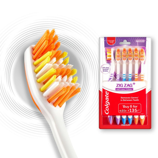 Colgate ZigZag Deep Clean Toothbrush for adults, Pack of 6 Medium Multicolour Soft Tooth brush, Antibacterial with Compact Brush Head for Deep & Complete Cleansing