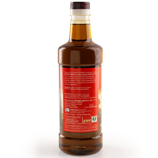 A TATA Product - Organic India Mustard Oil 1000ml, Certified Organic, Lab Tested on 600+ Parameters, Kachi Ghani Sarso Ka Tel, Natural Flavour, Ideal for Daily Cooking & Healthier Living