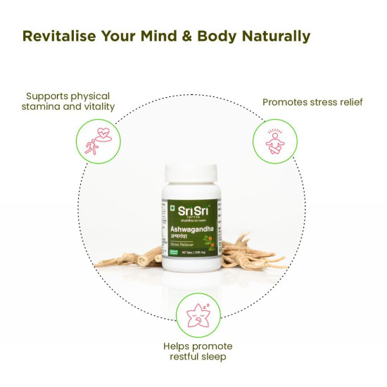 Sri Sri Tattva Ashwagandha Tablet | Ashwagandha Supplements | Immunity Booster | Helps Relieve Anxiety & Stress | Rejuvenates Mind & Body | 60 Tablets – 500 Mg