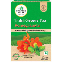 A TATA Product - Organic India Tulsi Green Tea Pomegranate - 25 Tea Bags, Certified Organic, Stress Relief, Rich in Antioxidant, Tulsi & Pomegranate Infusion