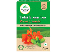A TATA Product - Organic India Tulsi Green Tea Pomegranate - 25 Tea Bags, Certified Organic, Stress Relief, Rich in Antioxidant, Tulsi & Pomegranate Infusion