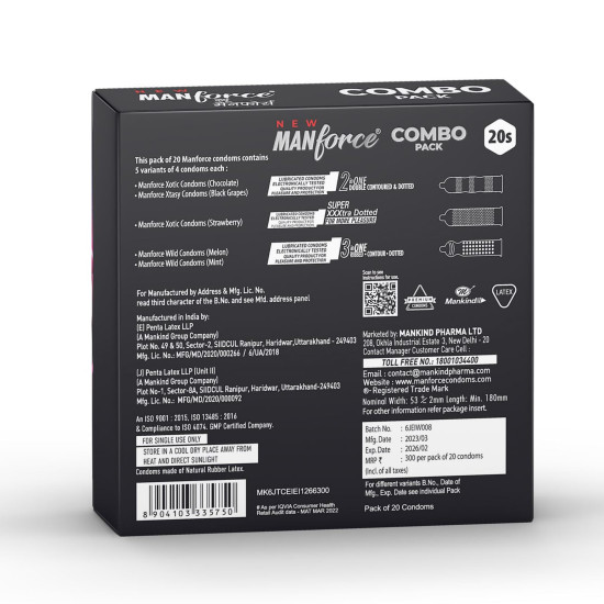 Manforce 3 in 1 Condoms Combo Pack, Assorted Flavours (Chocolate, Strawberry, Black Grapes, Mint & Melon flavoured condoms) - 20 Pieces (Pack of 5) Manforce 3 in 1 Condoms Combo Pack, Assorted Flavours (Chocolate, Strawberry, Black Grapes, Mint & Melon flavoured condoms) - 20 Pieces (Pack of 5)