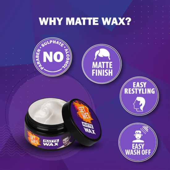 Set Wet Hair Wax For Men - Matte Wax, 60g | Matte Look, Strong Hold, Restylable Anytime, Easy Wash Off | No Paraben, No Sulphate, No Alcohol