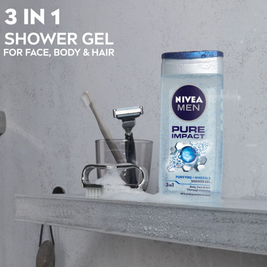 Nivea Men Body Wash, Pure Impact With Purifying Micro Particles, Shower Gel For Body, Face & Hair, 500 ml