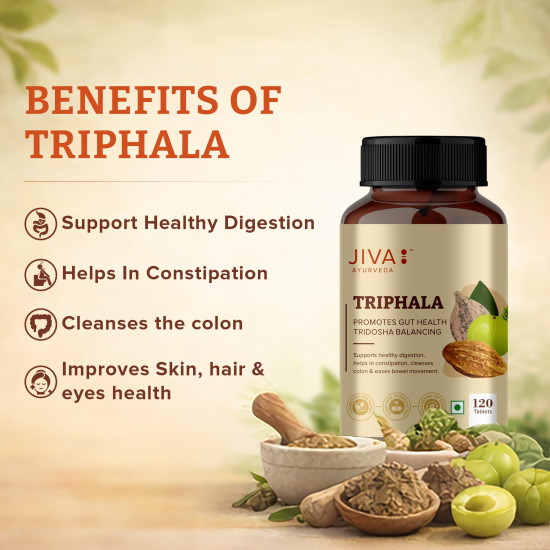 Jiva Triphala Tablet - 120*2 (240) Tablets | Ayurvedic Triphala Churna Tablets Improves Digestion, Supports Immune System | Helps in Detox & Relieves | Constipation Colon & Gut Health For Eye & Hair