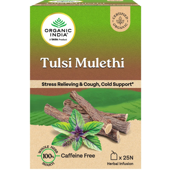 A TATA Product - Organic India Tulsi Mulethi - 25 Tea Bags, Rich in Antioxidants, Eases Cough & Cold Symptoms, Stress Relieving, Boosts Immunity, Caffeine-Free, Whole Herbs Certified Organic