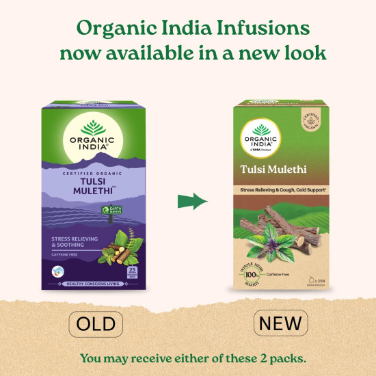 A TATA Product - Organic India Tulsi Mulethi - 25 Tea Bags, Rich in Antioxidants, Eases Cough & Cold Symptoms, Stress Relieving, Boosts Immunity, Caffeine-Free, Whole Herbs Certified Organic