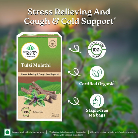 A TATA Product - Organic India Tulsi Mulethi - 25 Tea Bags, Rich in Antioxidants, Eases Cough & Cold Symptoms, Stress Relieving, Boosts Immunity, Caffeine-Free, Whole Herbs Certified Organic