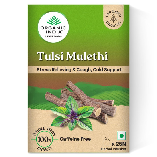 A TATA Product - Organic India Tulsi Mulethi - 25 Tea Bags, Rich in Antioxidants, Eases Cough & Cold Symptoms, Stress Relieving, Boosts Immunity, Caffeine-Free, Whole Herbs Certified Organic