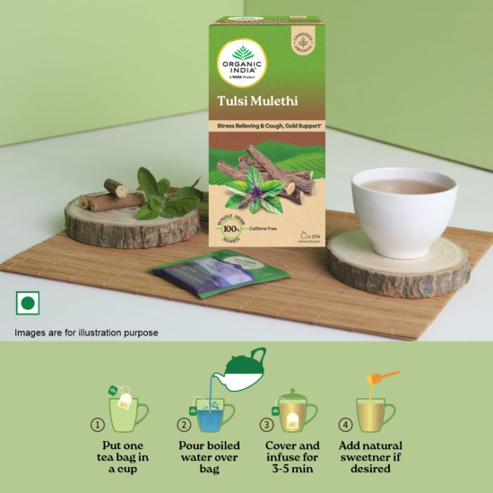 A TATA Product - Organic India Tulsi Mulethi - 25 Tea Bags, Rich in Antioxidants, Eases Cough & Cold Symptoms, Stress Relieving, Boosts Immunity, Caffeine-Free, Whole Herbs Certified Organic
