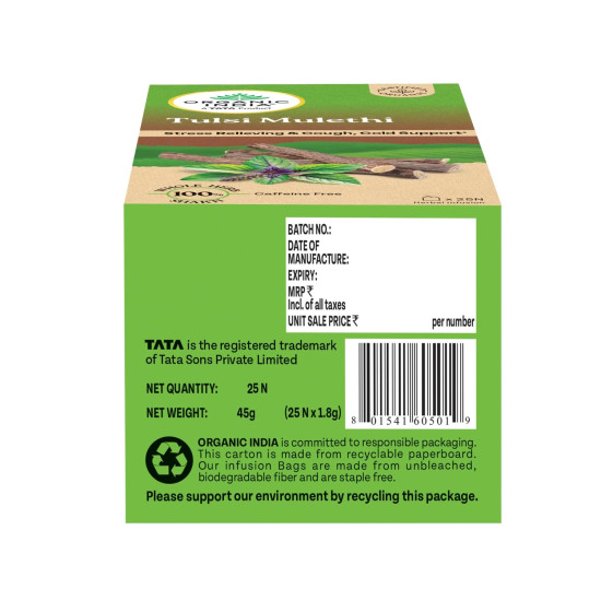 A TATA Product - Organic India Tulsi Mulethi - 25 Tea Bags, Rich in Antioxidants, Eases Cough & Cold Symptoms, Stress Relieving, Boosts Immunity, Caffeine-Free, Whole Herbs Certified Organic