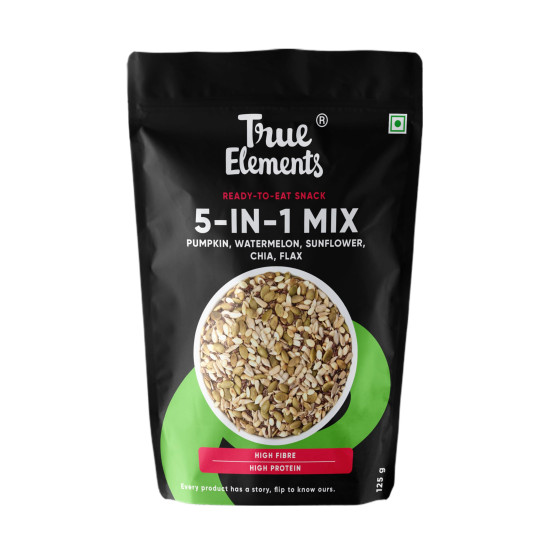 True Elements 5 in 1 Super Seeds Mix 125g - Roasted Sunflower, Pumpkin, Flax, Watermelon & Chia Seeds, Healthy Snacks for Weight Loss