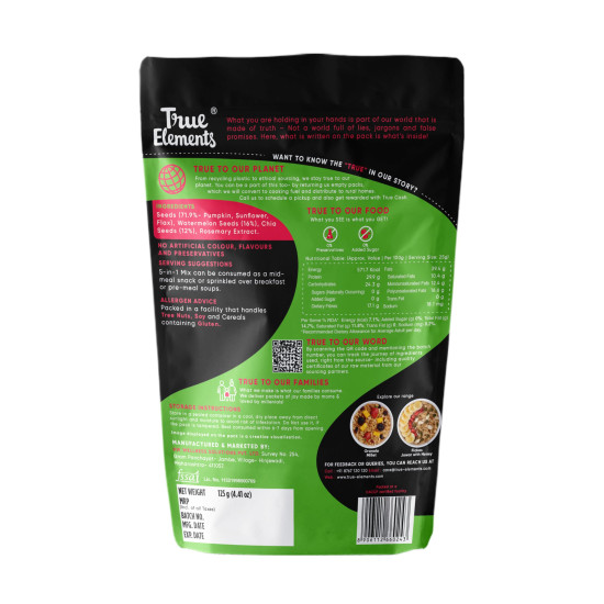 True Elements 5 in 1 Super Seeds Mix 125g - Roasted Sunflower, Pumpkin, Flax, Watermelon & Chia Seeds, Healthy Snacks for Weight Loss
