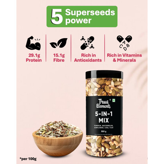 True Elements 5 in 1 Super Seeds Mix 125g - Roasted Sunflower, Pumpkin, Flax, Watermelon & Chia Seeds, Healthy Snacks for Weight Loss