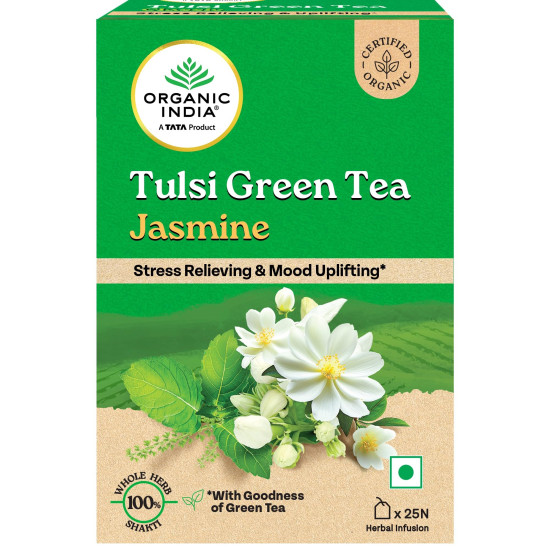 A TATA Product - Organic India Tulsi Green Tea Jasmine - 25 Tea Bags, Certified Organic, Stress Relief, Mood Uplifting, Antioxidant Power, Soothing Jasmine Blend