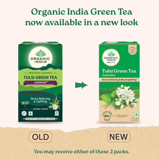 A TATA Product - Organic India Tulsi Green Tea Jasmine - 25 Tea Bags, Certified Organic, Stress Relief, Mood Uplifting, Antioxidant Power, Soothing Jasmine Blend