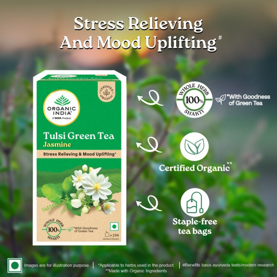 A TATA Product - Organic India Tulsi Green Tea Jasmine - 25 Tea Bags, Certified Organic, Stress Relief, Mood Uplifting, Antioxidant Power, Soothing Jasmine Blend