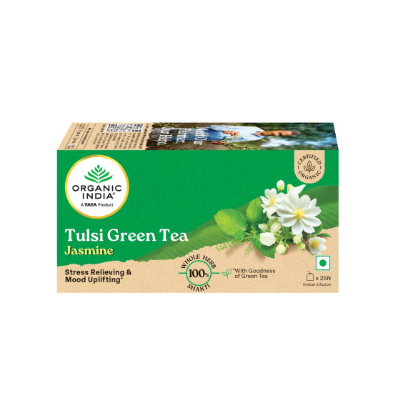 A TATA Product - Organic India Tulsi Green Tea Jasmine - 25 Tea Bags, Certified Organic, Stress Relief, Mood Uplifting, Antioxidant Power, Soothing Jasmine Blend