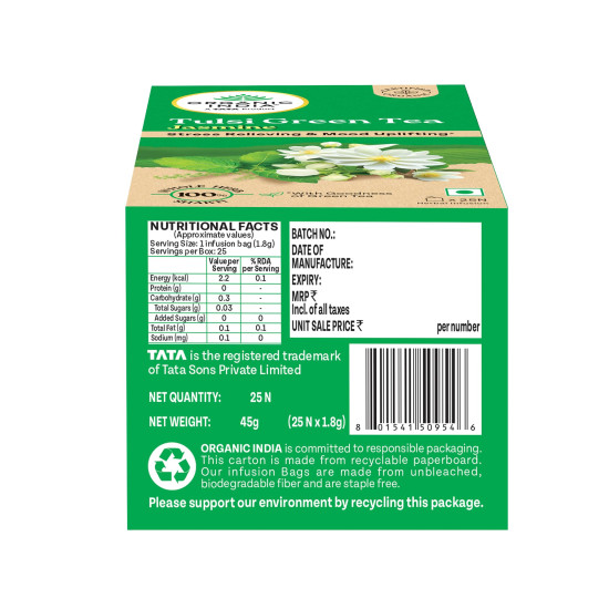 A TATA Product - Organic India Tulsi Green Tea Jasmine - 25 Tea Bags, Certified Organic, Stress Relief, Mood Uplifting, Antioxidant Power, Soothing Jasmine Blend