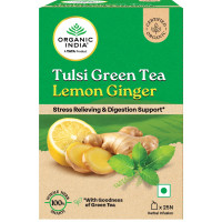 A TATA Product - Organic India Tulsi Green Tea Lemon Ginger - 25 Teabags, Herbal Blend with Green-Tea, Tulsi, Lemon & Ginger, Supports Digestion, Refreshing Taste, Natural Ingredients