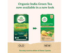 A TATA Product - Organic India Tulsi Green Tea Lemon Ginger - 25 Teabags, Herbal Blend with Green-Tea, Tulsi, Lemon & Ginger, Supports Digestion, Refreshing Taste, Natural Ingredients