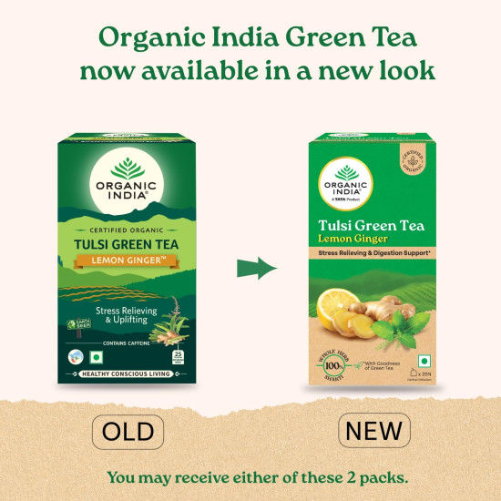 A TATA Product - Organic India Tulsi Green Tea Lemon Ginger - 25 Teabags, Herbal Blend with Green-Tea, Tulsi, Lemon & Ginger, Supports Digestion, Refreshing Taste, Natural Ingredients