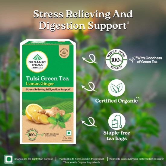 A TATA Product - Organic India Tulsi Green Tea Lemon Ginger - 25 Teabags, Herbal Blend with Green-Tea, Tulsi, Lemon & Ginger, Supports Digestion, Refreshing Taste, Natural Ingredients