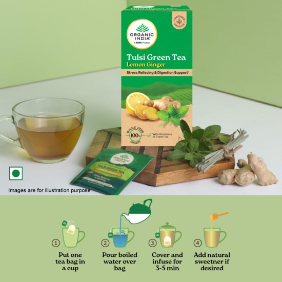 A TATA Product - Organic India Tulsi Green Tea Lemon Ginger - 25 Teabags, Herbal Blend with Green-Tea, Tulsi, Lemon & Ginger, Supports Digestion, Refreshing Taste, Natural Ingredients