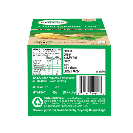 A TATA Product - Organic India Tulsi Green Tea Lemon Ginger - 25 Teabags, Herbal Blend with Green-Tea, Tulsi, Lemon & Ginger, Supports Digestion, Refreshing Taste, Natural Ingredients