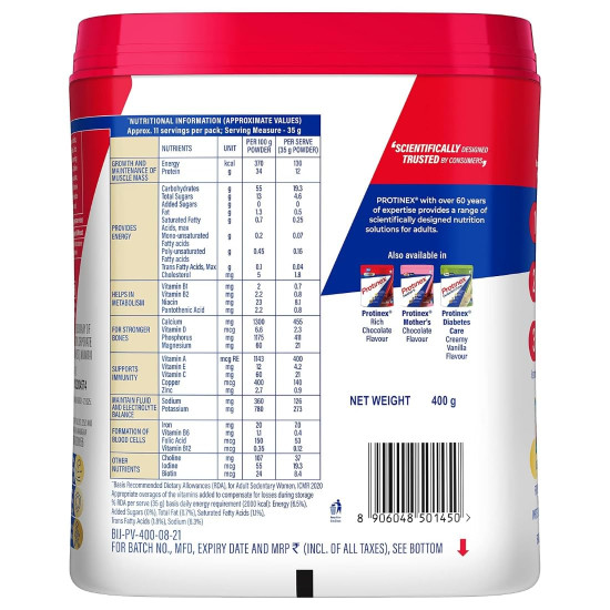 Protinex Health Supplement And Nutritional Protein Mix For Adults-(Creamy Vanilla, 400 Gms, Jar) with 25 Vital Nutrients to Support Strength, Immunity & Active Life