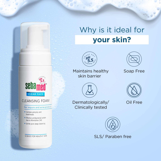 Sebamed Clear Face Cleansing Foam for Acne prone Skin 50 ml I pH 5.5 I Gentle, Effective hydrating cleanser for pimples | Face wash |men & womenl Oil Free l Clinically proven l Toxin free