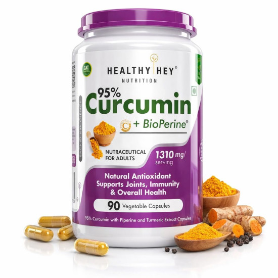 HealthyHey Nutrition Curcumin with Bioperine 1310mg (Ultra Pure) | Organic Turmeric, 90 Vegetable Capsules with Piperine