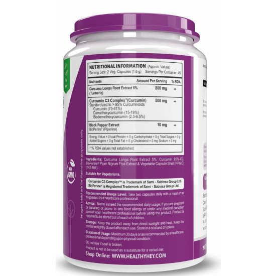 HealthyHey Nutrition Curcumin with Bioperine 1310mg (Ultra Pure) | Organic Turmeric, 90 Vegetable Capsules with Piperine