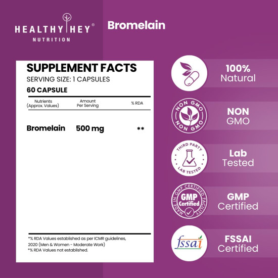 HealthyHey Nutrition Bromelain Digestive Enzyme- High Concentrate -60 Veg. Capsules (Pack of 1)