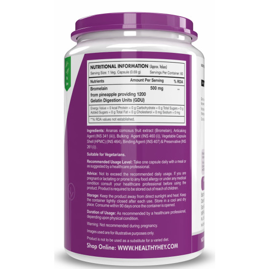 HealthyHey Nutrition Bromelain Digestive Enzyme- High Concentrate -60 Veg. Capsules (Pack of 1)