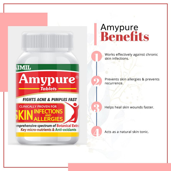AIMIL Amypure Tablets - 100 Tablets | Ayurvedic Blood Purifier | For Bacterial & Fungal Skin Infections and Allergies AIMIL Amypure Tablets - 100 Tablets | Ayurvedic Blood Purifier | For Bacterial & Fungal Skin Infections and Allergies