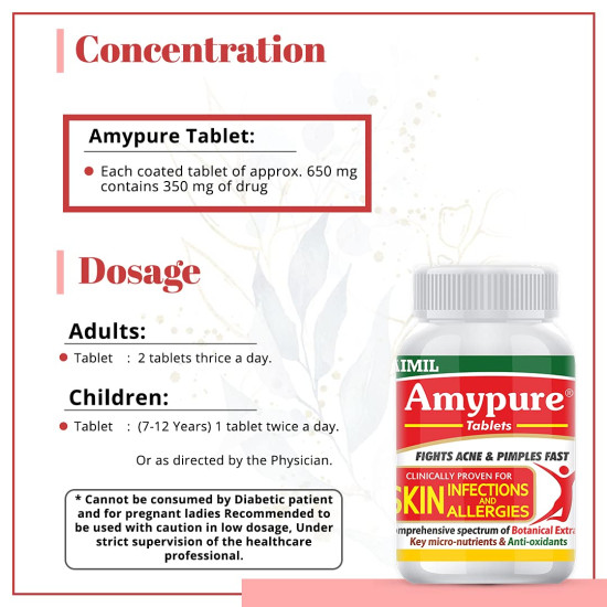 AIMIL Amypure Tablets - 100 Tablets | Ayurvedic Blood Purifier | For Bacterial & Fungal Skin Infections and Allergies AIMIL Amypure Tablets - 100 Tablets | Ayurvedic Blood Purifier | For Bacterial & Fungal Skin Infections and Allergies