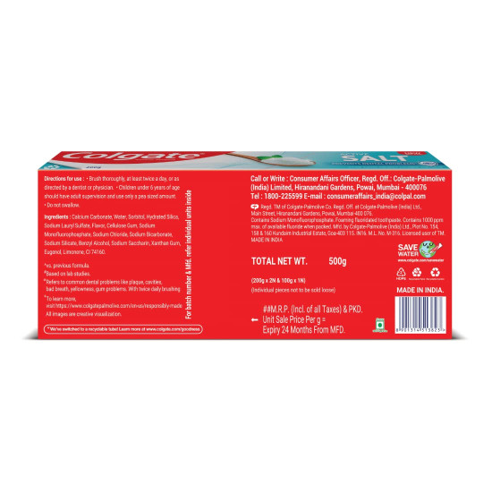 Colgate Active Salt Toothpaste, Germ Fighting Toothpaste for Healthy Gums and Teeth, 500gm (200g X 2 and 100g X 1)