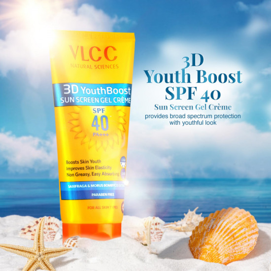 VLCC 3D Youth Boost SPF 40 +++ Sunscreen Gel Crème - 100g | UVA & UVB Protection | Broad Spectrum Sunscreen for Skin Elasticity, Firmness & Reduced Skin Pigmentation.