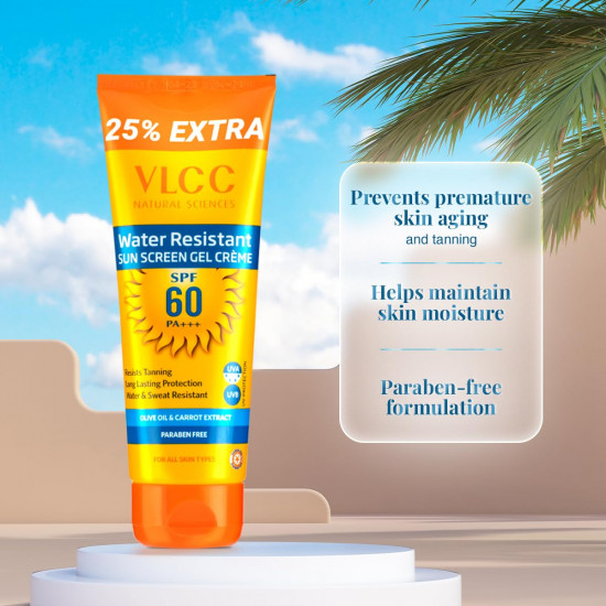 VLCC Water Resistant SPF 60 PA+++ Sunscreen Gel Crème - 100g + 25g Extra | With Niacinamide, Ceramides & Vitamin E | Protects from UVA, UVB Rays, Sun Damage, Skin Darkening and Premature Ageing