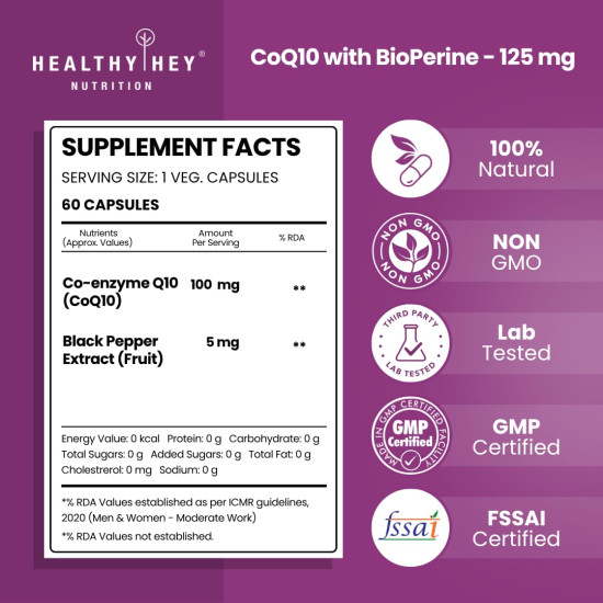 HealthyHey Nutrition High Absorption CoQ10 with BioPerine-125mg -Pack of 60 Capsules