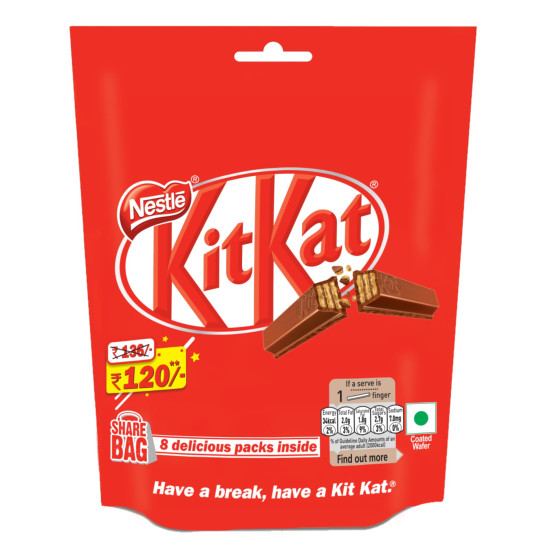 Nestle Kitkat 2 Finger Wafer Bar Sharebag, 8 Units - 15.4 g each|123.2 g (Weight may vary upwards)