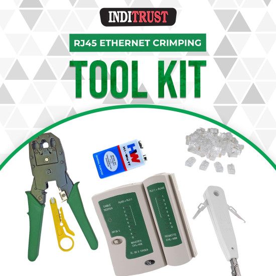 Inditrust Rj45 Rj11 Crimping Tool, double colour grip 150B cutter, KD-1 Professional Punch Down Tool, Network Lan Cable Tester, 9V battery & 25 Pcs RJ45 Connectors Combo Set