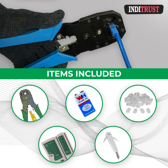 Inditrust Rj45 Rj11 Crimping Tool, double colour grip 150B cutter, KD-1 Professional Punch Down Tool, Network Lan Cable Tester, 9V battery & 25 Pcs RJ45 Connectors Combo Set