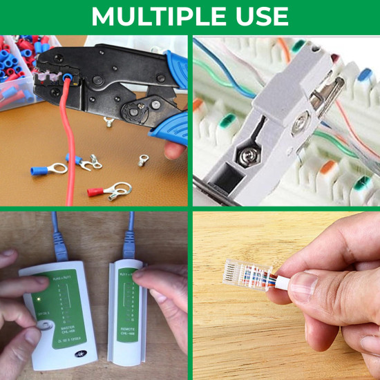 Inditrust Rj45 Rj11 Crimping Tool, double colour grip 150B cutter, KD-1 Professional Punch Down Tool, Network Lan Cable Tester, 9V battery & 25 Pcs RJ45 Connectors Combo Set