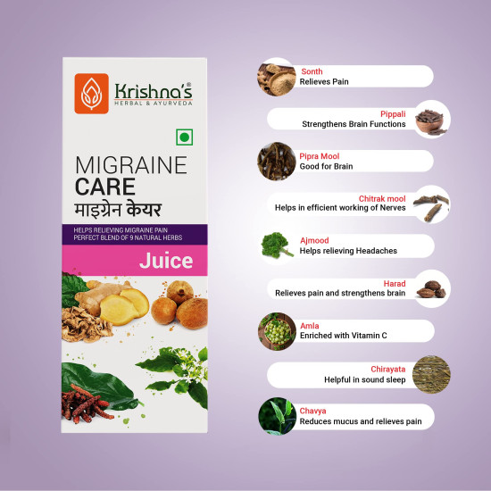 KRISHNA'S HERBAL & AYURVEDA Migraine Care Juice - 500 ml | (Pack of 1) | Natural Migraine Reliever | Perfect Blend of Sonth, Pippali, Ajmod & 6 other herbs KRISHNA'S HERBAL & AYURVEDA Migraine Care Juice - 500 ml | (Pack of 1) | Natural Migraine Reliever | Perfect Blend of Sonth, Pippali, Ajmod & 6 other herbs