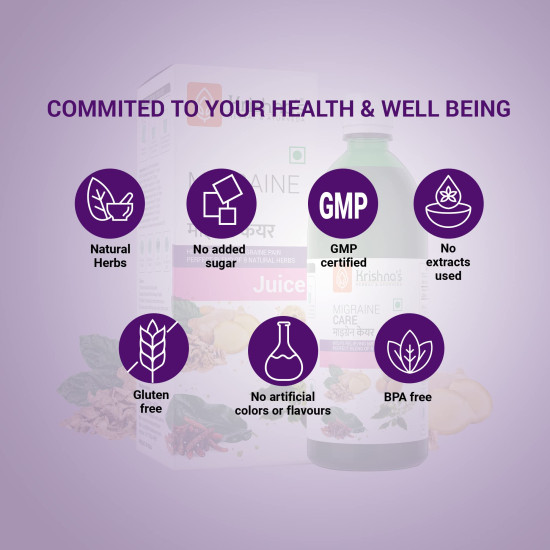 KRISHNA'S HERBAL & AYURVEDA Migraine Care Juice - 500 ml | (Pack of 1) | Natural Migraine Reliever | Perfect Blend of Sonth, Pippali, Ajmod & 6 other herbs KRISHNA'S HERBAL & AYURVEDA Migraine Care Juice - 500 ml | (Pack of 1) | Natural Migraine Reliever | Perfect Blend of Sonth, Pippali, Ajmod & 6 other herbs